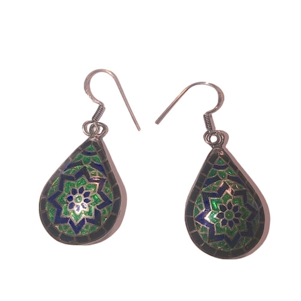 𝅺vtg Sterling Silver Floral Cloisonné Tear Drop Pear Shaped Dangle Earrings 1.9”